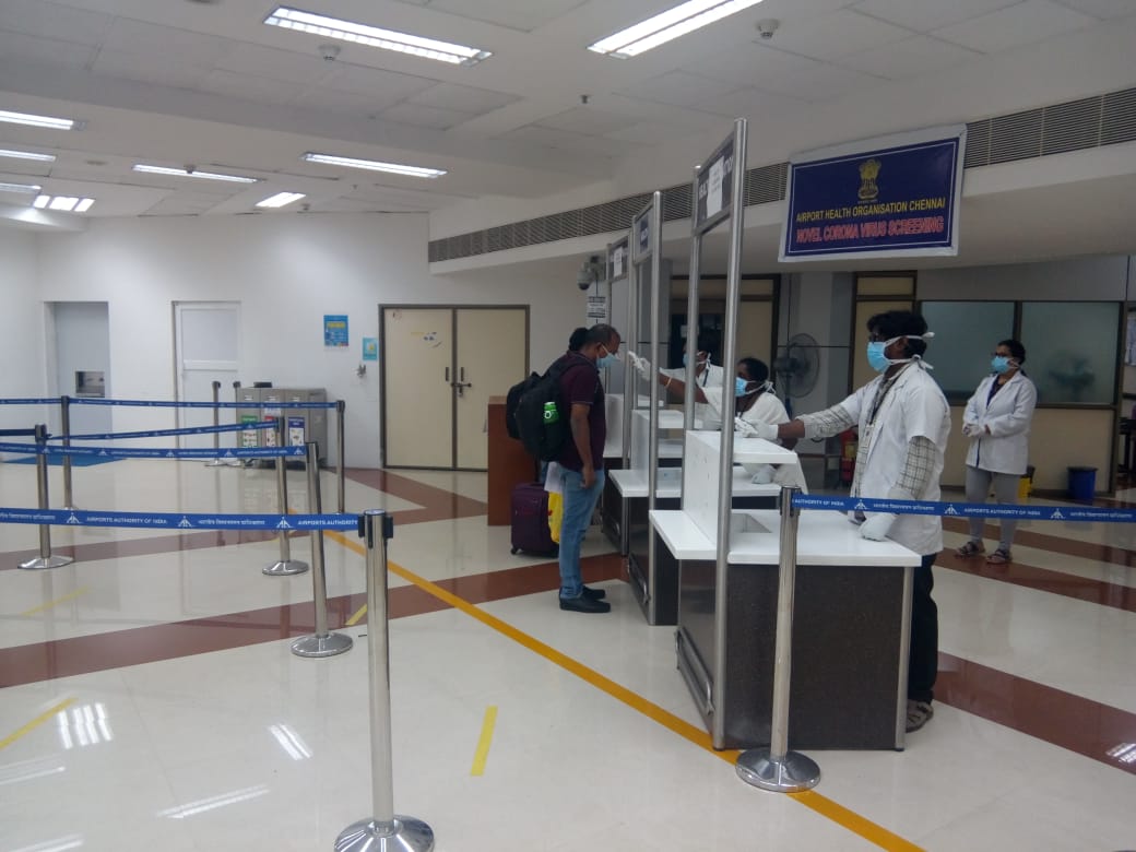 Screening underway at Chennai Airport of all passengers arriving on repatriation flights. Photo courtesy: Twitter/@aaichnairport