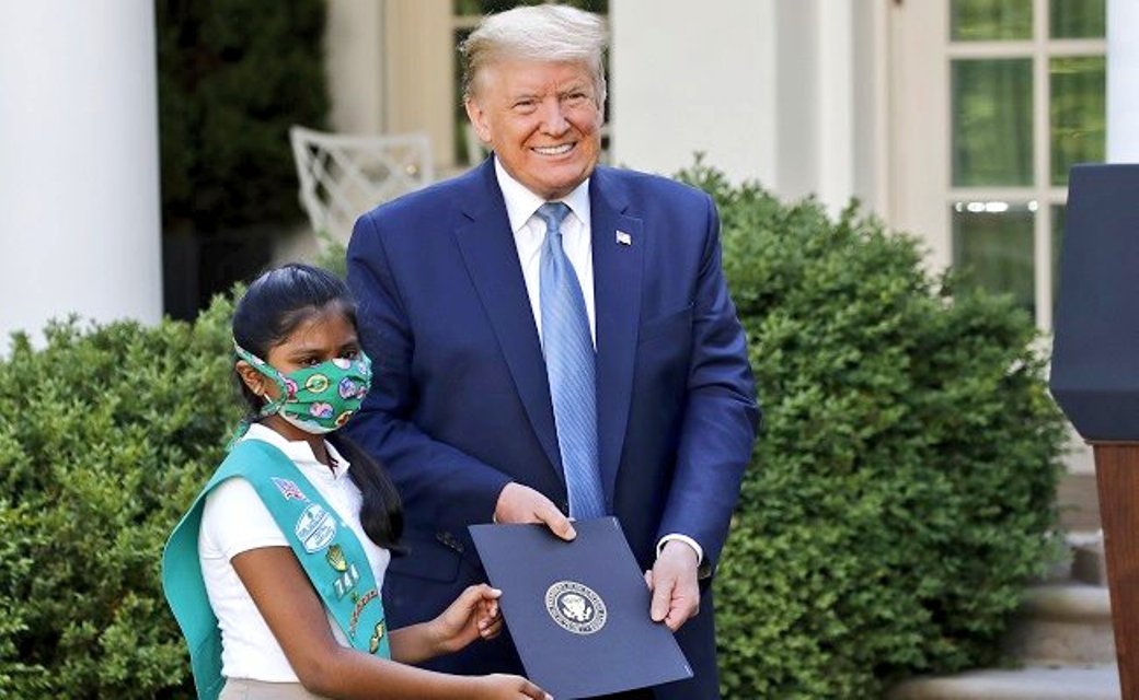 10-year-old Sravya Annappareddy was among three girl scouts to be honoured for their donation to COVID-19 frontline workers. Photo courtesy: Twitter/@VPSecretariat