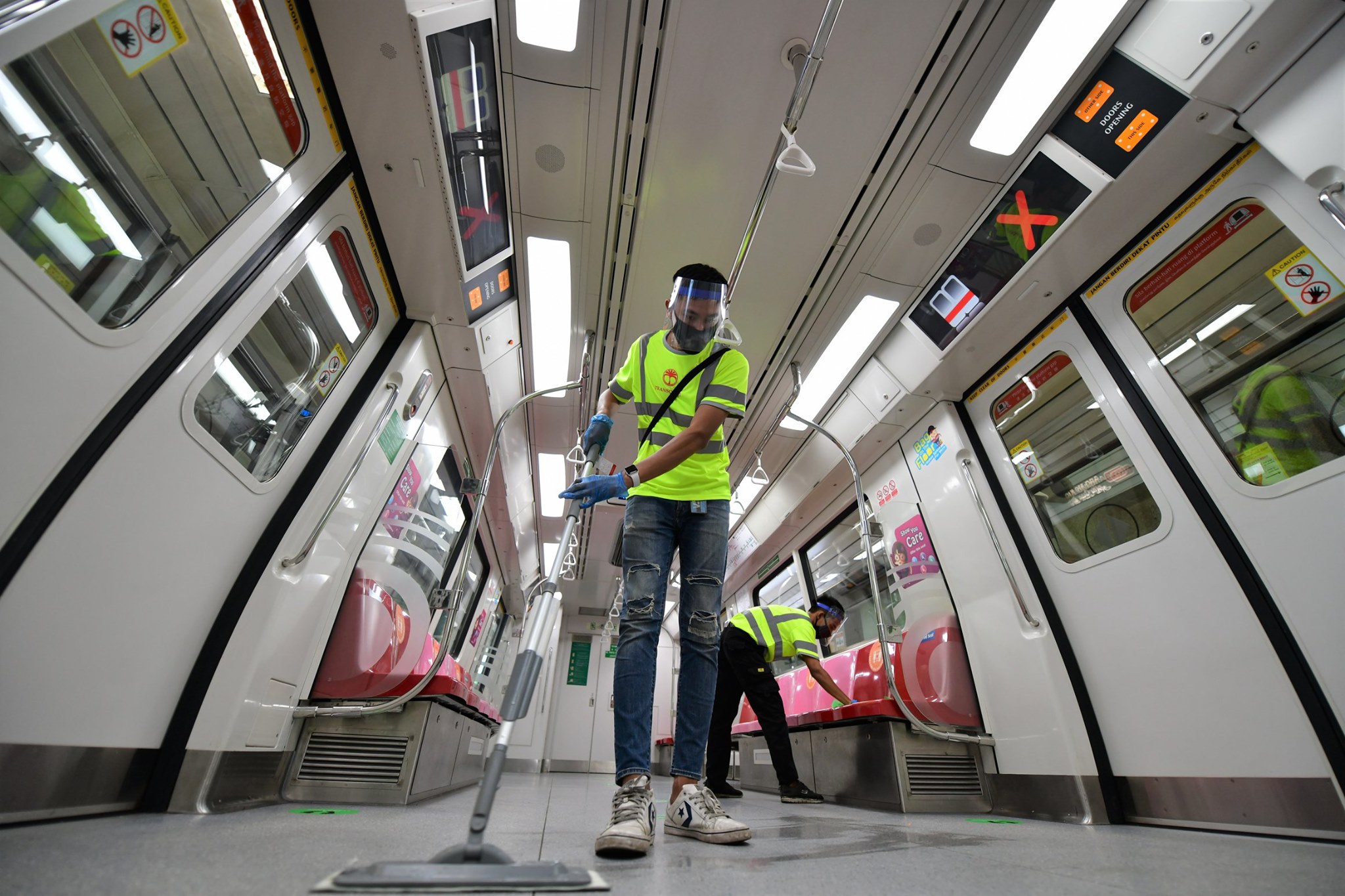 Land Transport Authority said a new self-disinfecting chemical coating, which can last up to six months, is also being applied to high contact points in buses and trains such as the handrails, buttons, grab poles and seats. Photo courtesy: Facebook/Khaw Boon Wan