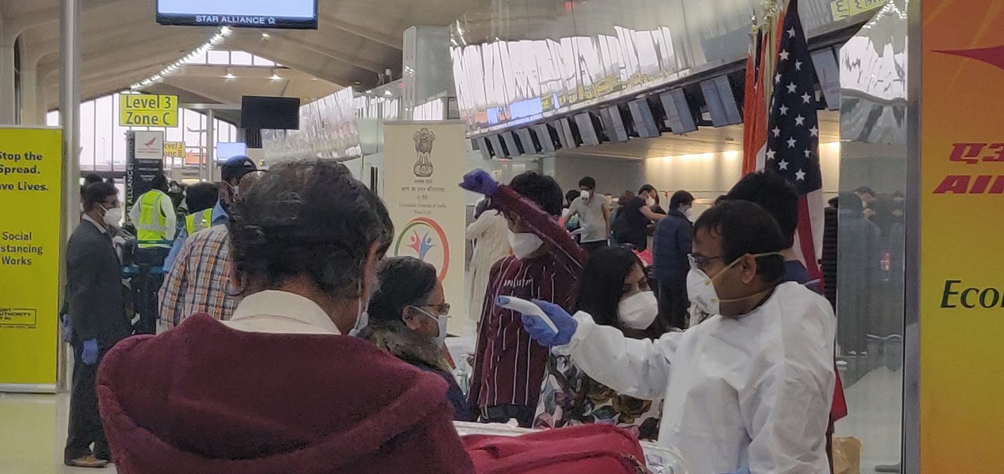 Thermal screening at the Newark Airport before the evacuation flight home on May 15. Photo: Connected to India