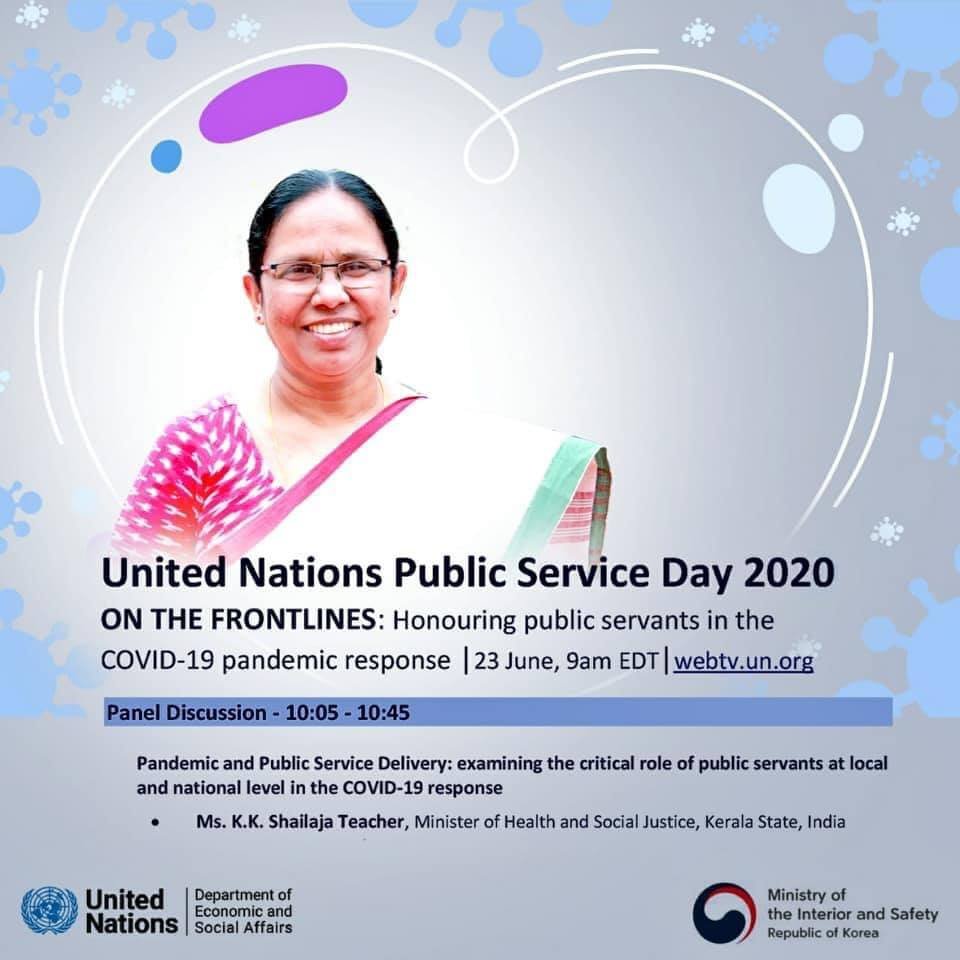 The only speaker from India on the occasion, Shailaja recounted the three-prong strategy of “Trace, Quarantine, Test, Isolate and Treat”, “Break the Chain” and “Reverse Quarantine” adopted by the state. Poster Courtesy: Twitter