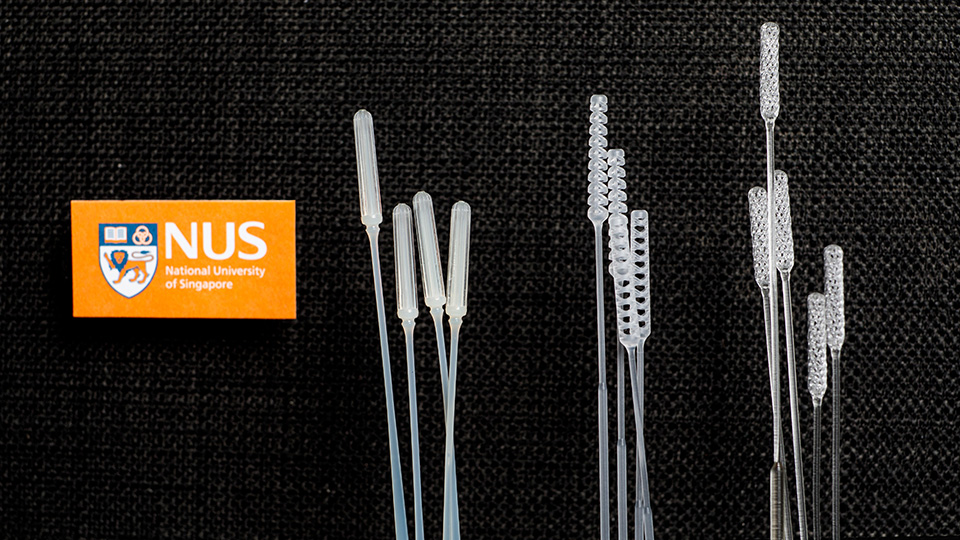 NUS researchers have designed three nasopharyngeal swabs for COVID-19 testing: (from left) IM2, IM3 and Python. Photo courtesy: NUS