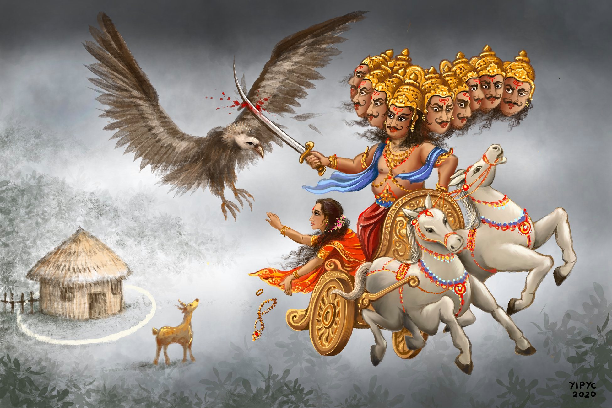 Yip Yew Chong’s illustration of Ravana’s capture of Sita, and the Vulture Jatayu’s attempt to save her. Photo Courtesy: IHC 