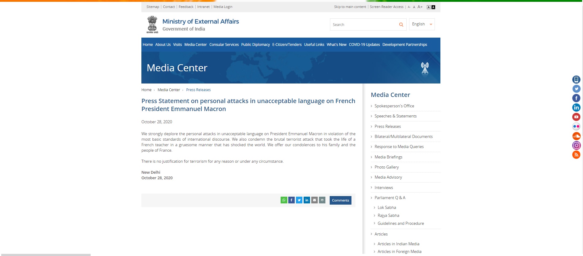 The full statement by the MEA, India released on October 28, 2020. Screengrab/MEA website