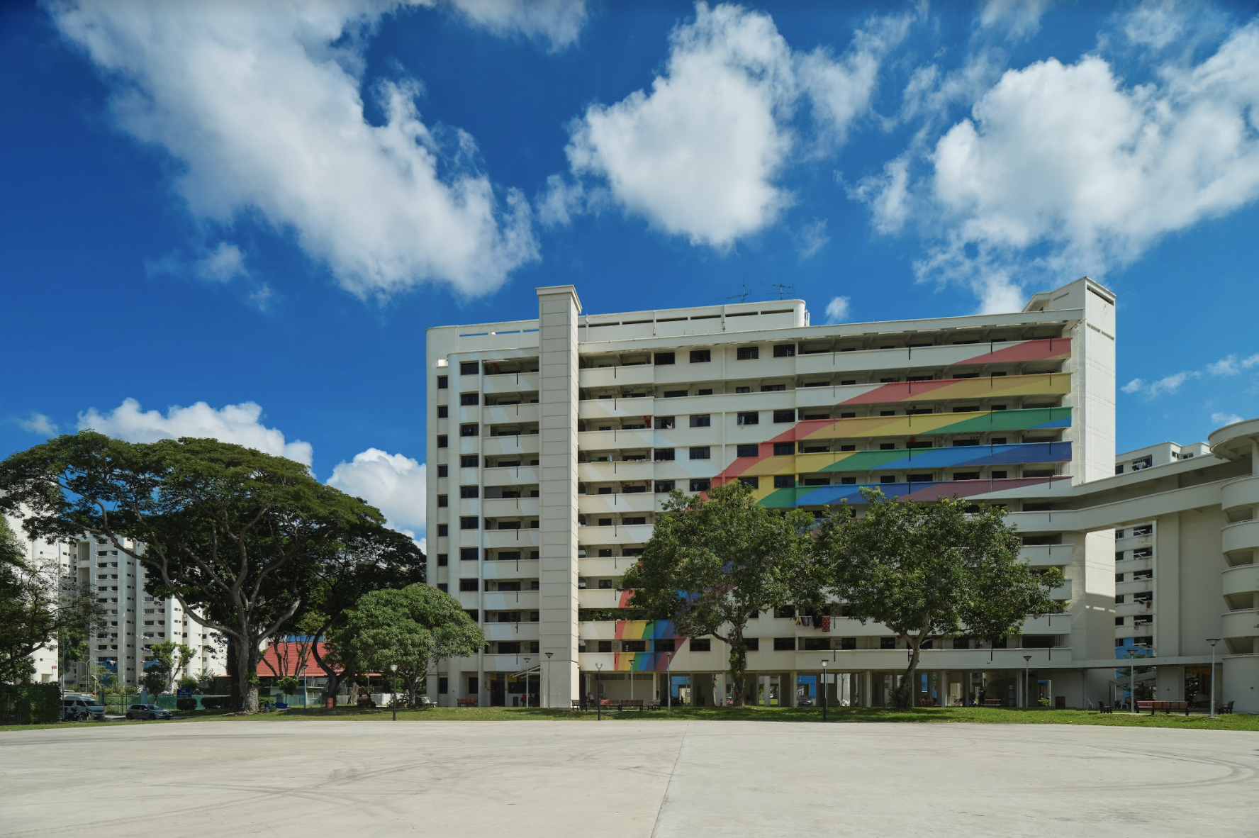 Block 316 with its iconic rainbow mural painted on its façade at Hougang Avenue 7. Photo courtesy: NHB