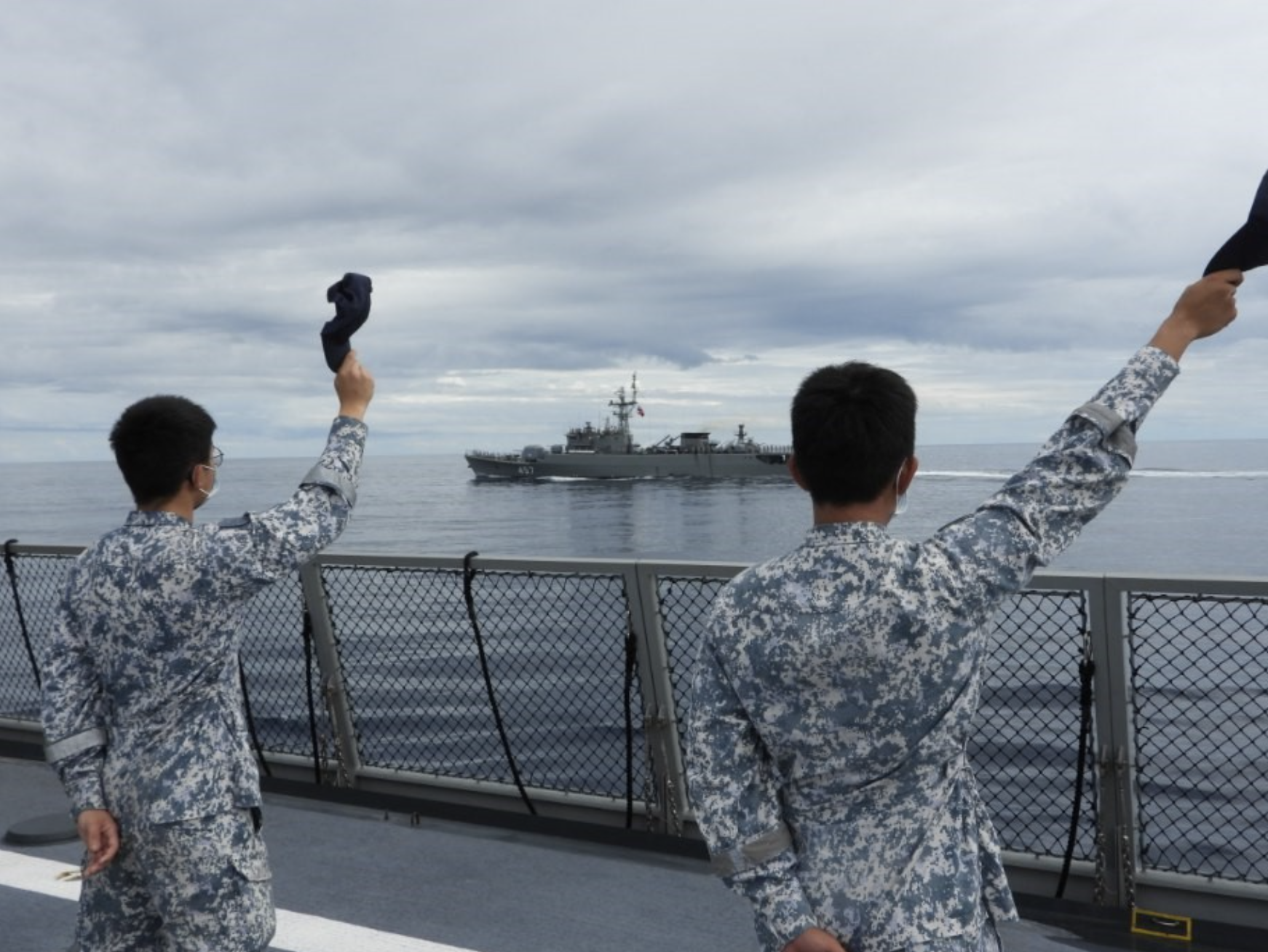 Republic of Singapore Navy sailors lining the deck for the sailpast to conclude the exercise. Photo courtesy: Mindef