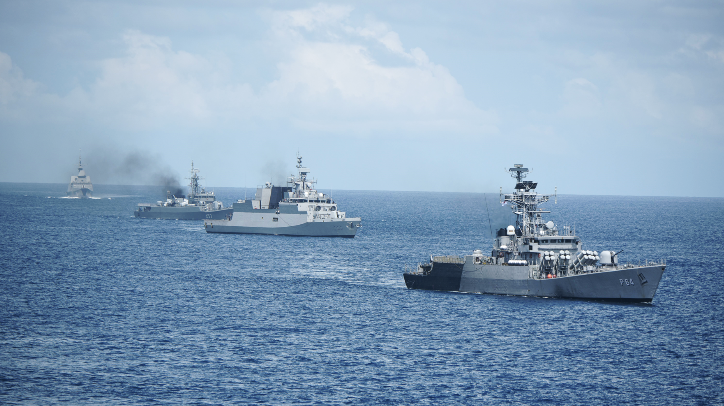 The Republic of Singapore Navy, Indian Navy and Royal Thai Navy conducting manoeuvring drills during SITMEX 2020. Photo courtesy: Mindef