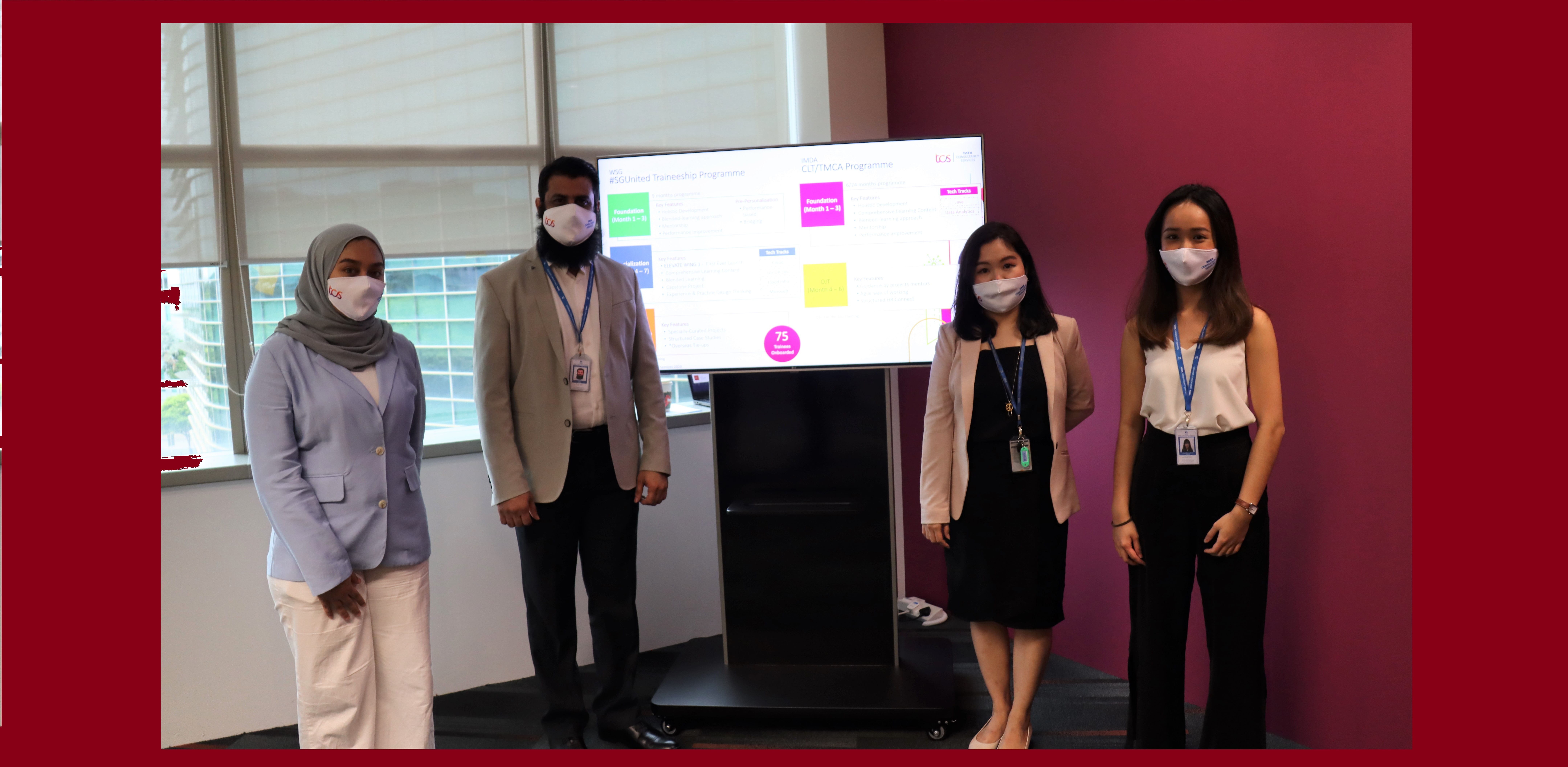 Left to right: Sabrina, 21 (SG United Traineeship, UI/UX developer); Asif Iqbal, 46 (PMET, JAVA Developer); Phoebe Tan, 34, (HR manager, TCS Singapore, manages the traineeship and young talent programme) and Claudia Chua, 24 (CLT Program, Java Developer). Photo: Connected to India