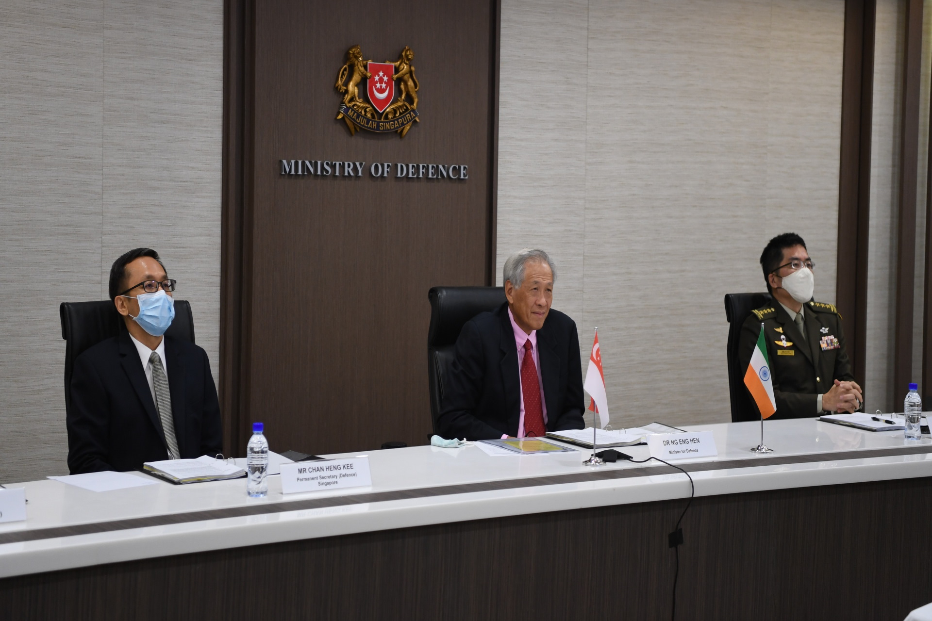 Minister for Defence Dr Ng Eng Hen (centre) co-chairing the 5th India-Singapore Defence Ministers’ Dialogue (DMD) with India's Minister of Defence Rajnath Singh over video conferencing. Photo Courtesy: MINDEF