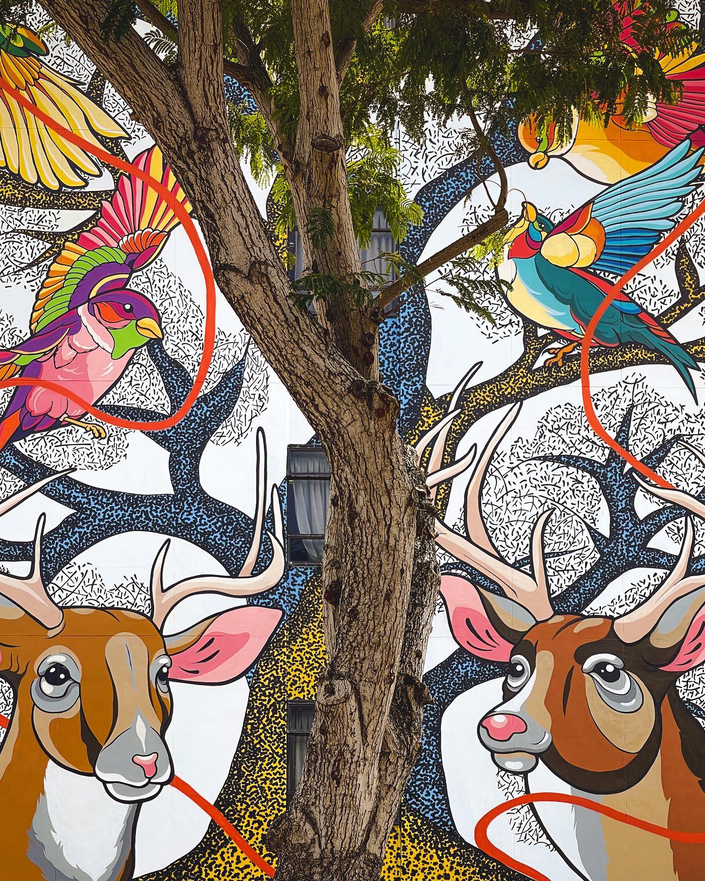 The mural toplines the message of interconnectedness between Sam’s beliefs and Bhajju’s  Gond Art practice. Photo Courtesy: AWLI