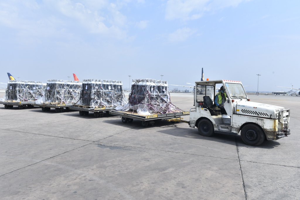 1350 oxygen cylinders from the United Kingdom, part of their contribution of 5000 oxygen cylinders. Photo courtesy: MEA