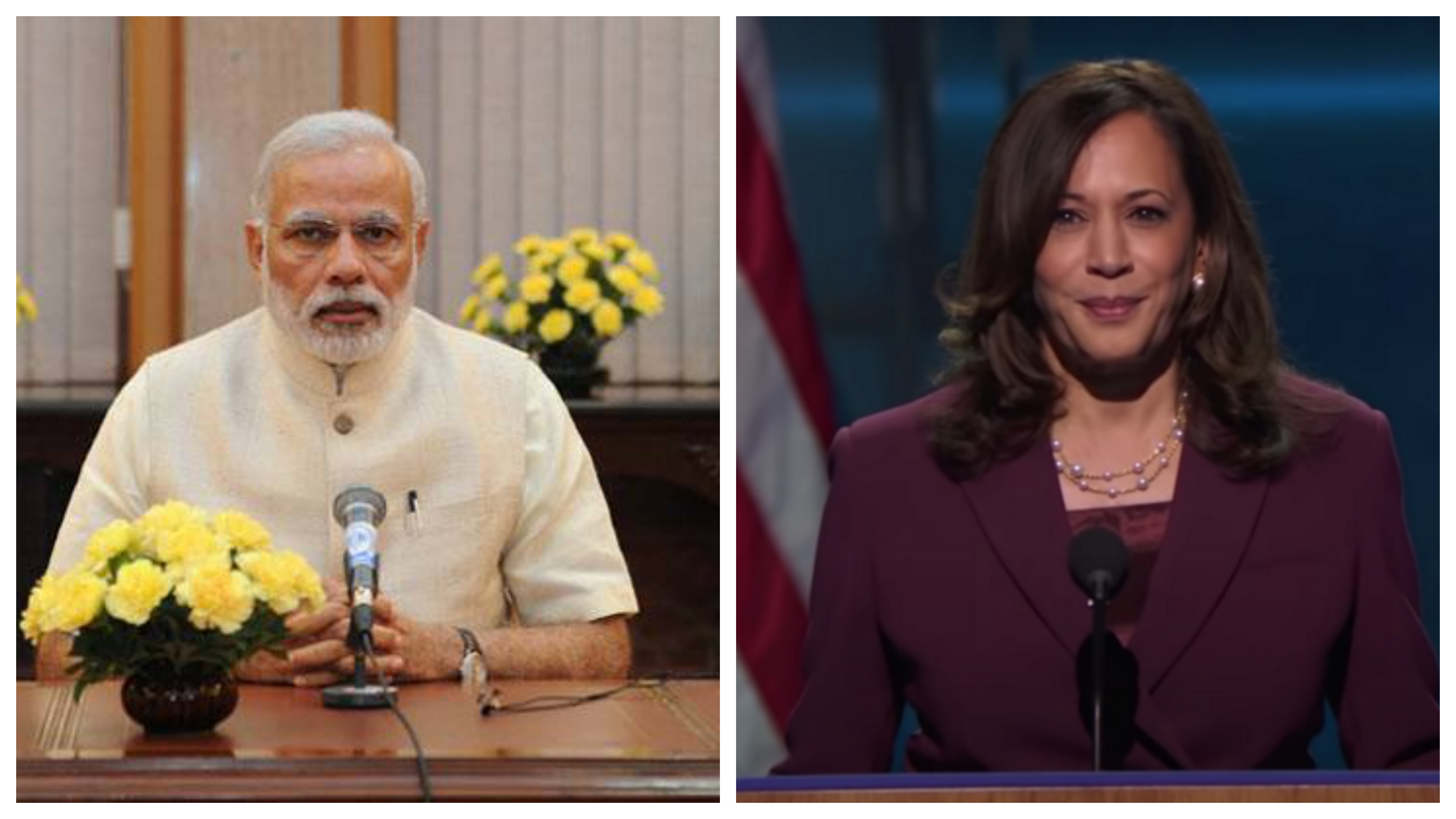 Indian PM Narendra Modi (left) discussed vaccine procurement with US V-P Kamala Harris. Photos courtesy: PIB, DNC