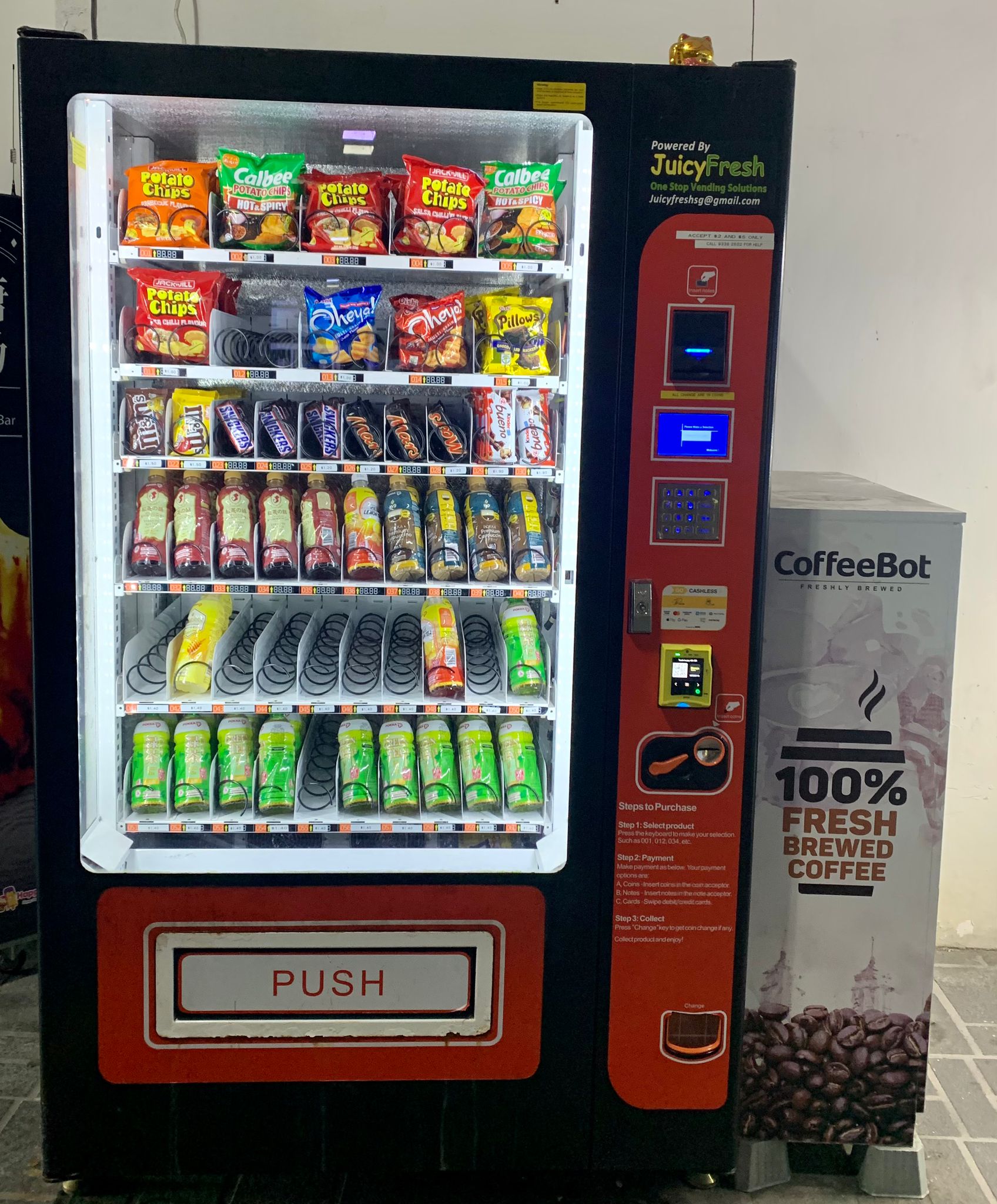 Vending machine for beverages, ice-creams, fresh fruit juices, and 2-minute meals.