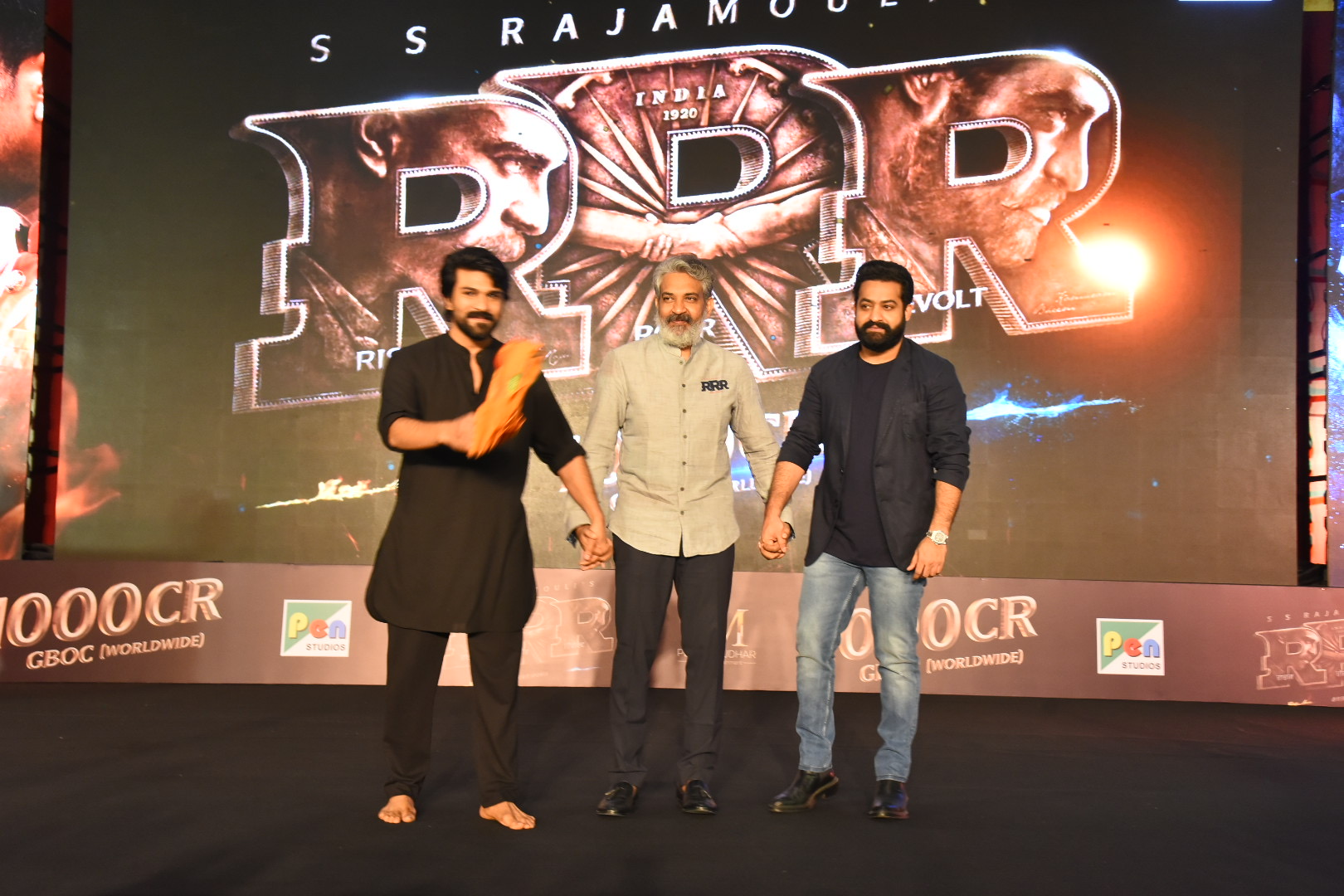 SS Rajamouli, Jr NTR and Ram Charan celebrating RRR success 