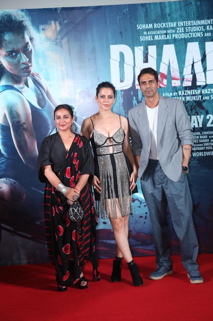 Divya Dutta, Kangana Ranaut and Arjun Rampal during the trailer launch of the film 'Dhaakad' in Mumbai.