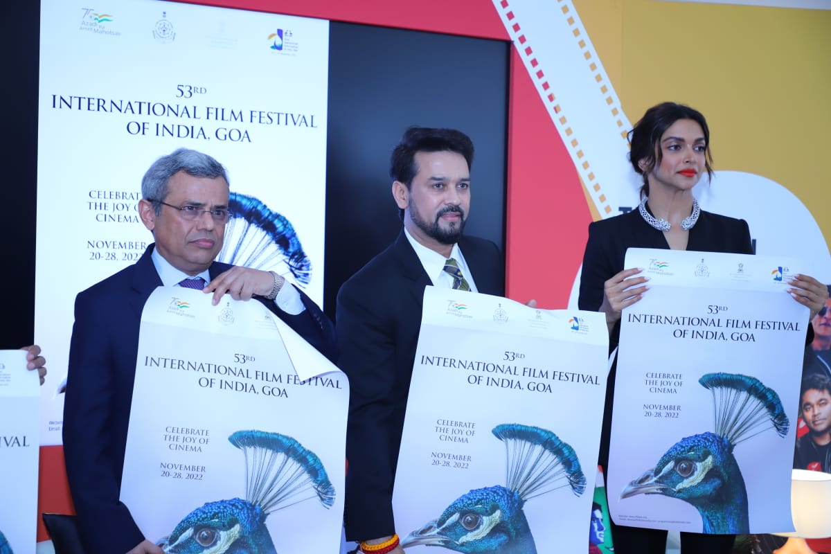 Indian ambassador in France Jawed Ashraf, Anurag Thakur and Deepika Padukone launch 53rd International Film Festival of India, Goa poster in Cannes.