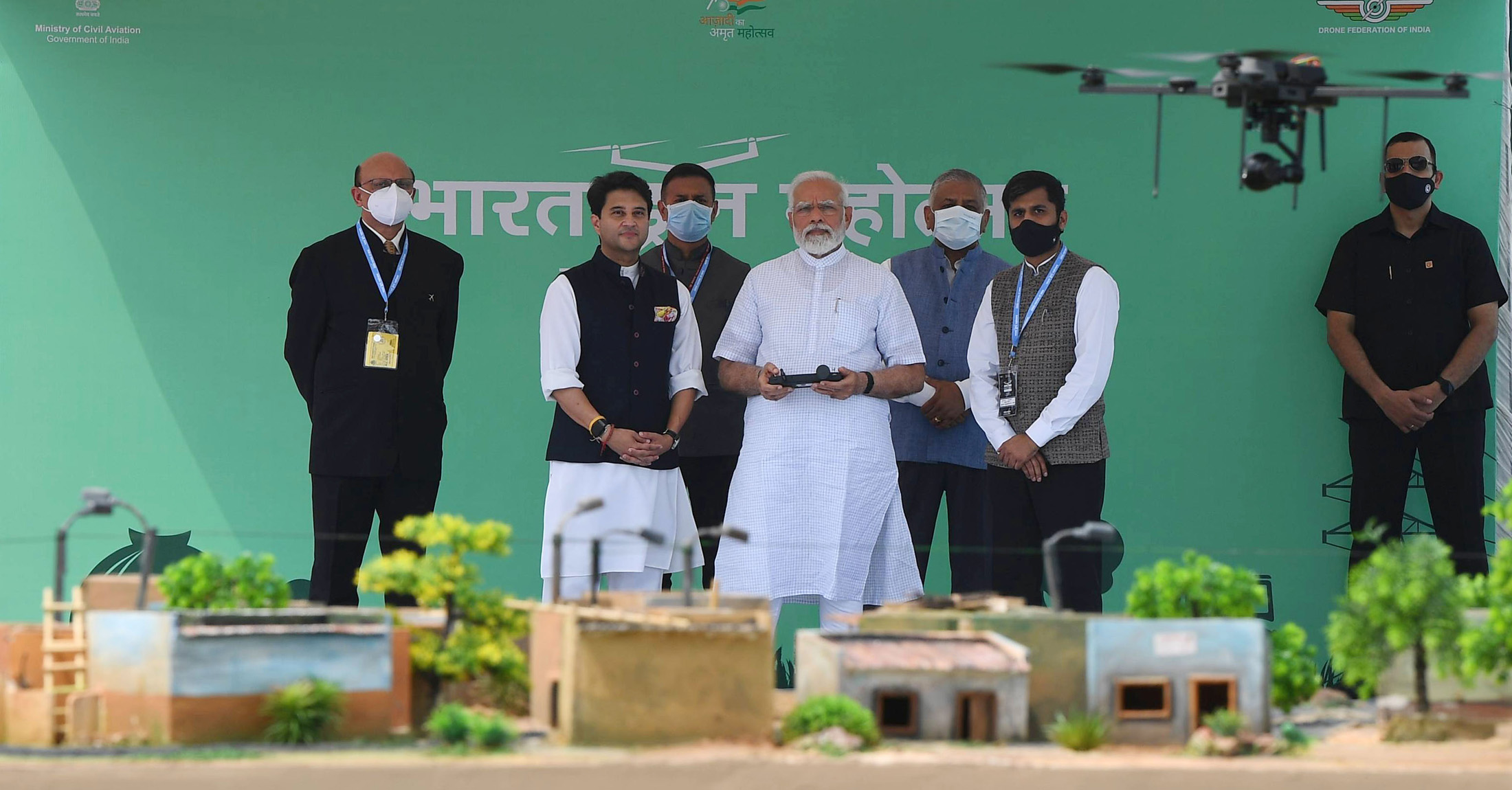 PM flying drone at the inauguration of the Bharat Drone Mahotsav at Pragati Maidan, in New Delhi