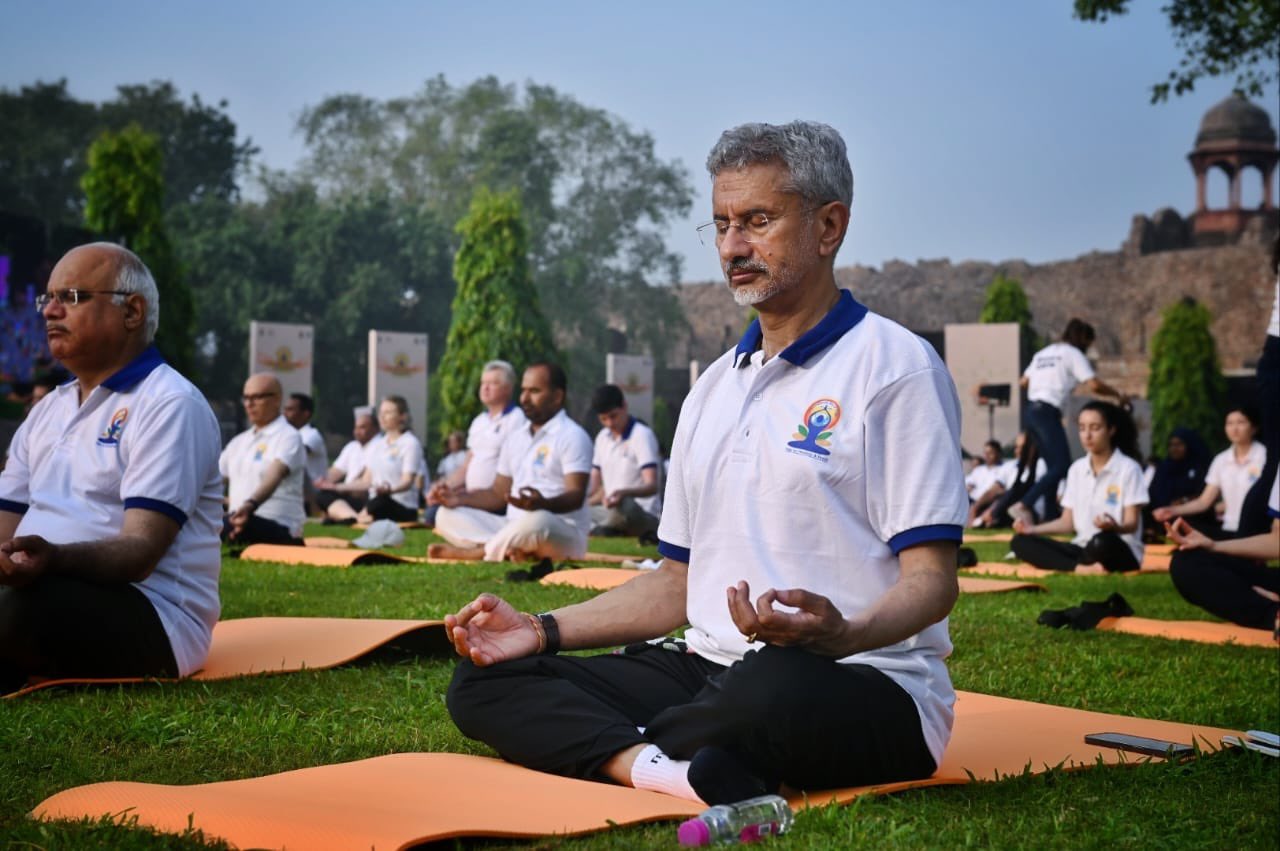 External Affairs Minister Dr. S Jaishankar and diplomats of various countries perform Yoga on the 8th International Yoga Day at Purana Qila, Delhi.