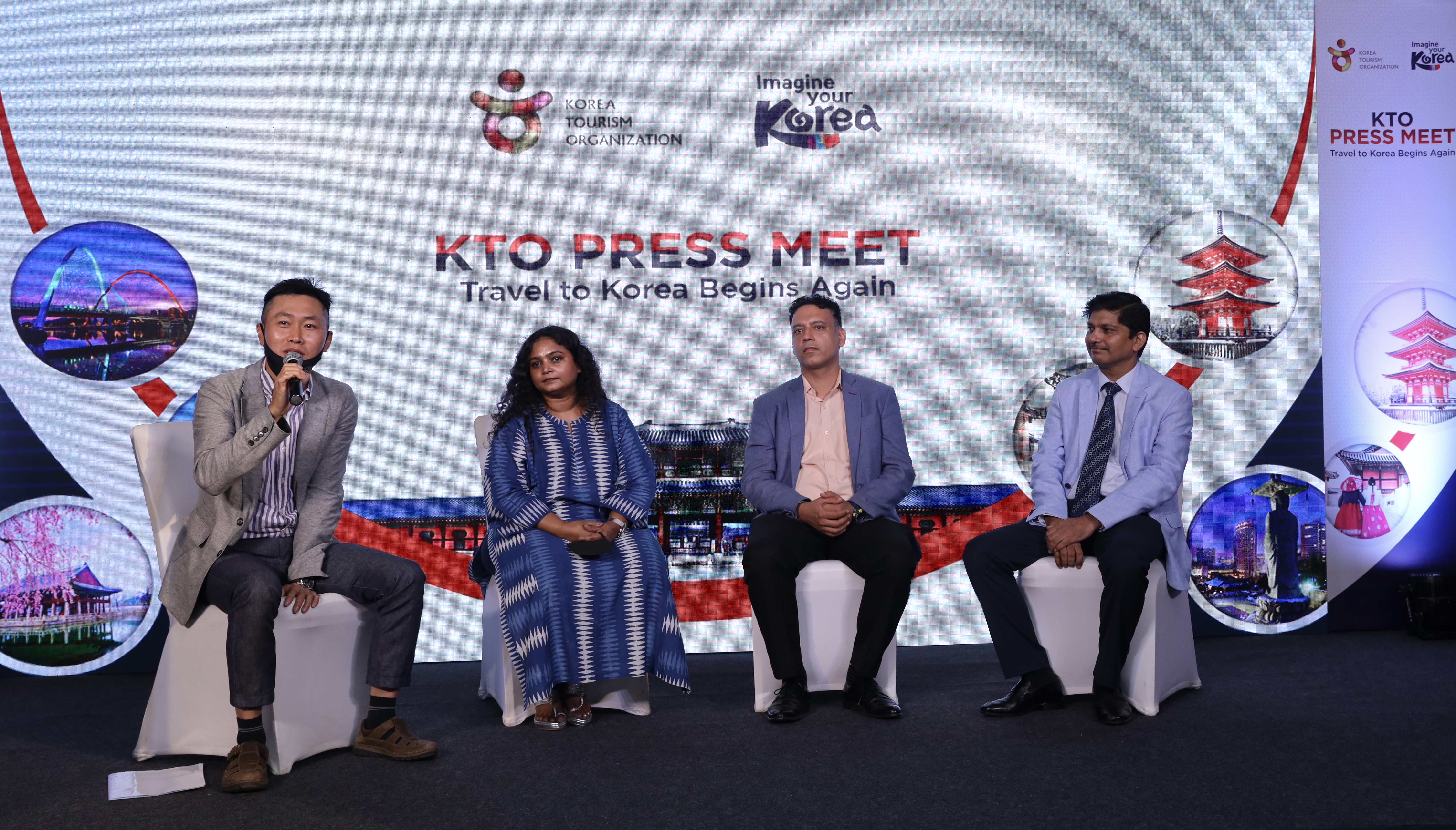 (L to R) Mr. Young-Geul Choi, Director of Korea Tourism Organization (KTO); Ms. Elizabeth Samuel, Deputy Regional Head- Bangladesh, Bhutan, India (North & East), Israel, Nepal & Palestine, VFS Global;   Mr. Tejpreet Singh, Sales & Marketing Manager, Korean Air; Mr. Niketan Sharma, Sales Manager, Asiana Airlines