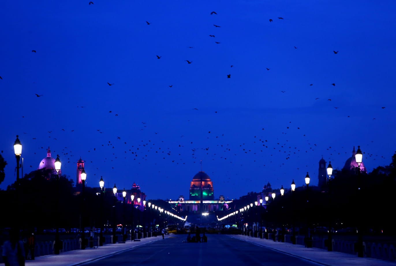 Rashtrapati Bhavan illuminated on the eve of 76th Independence Day of India. 