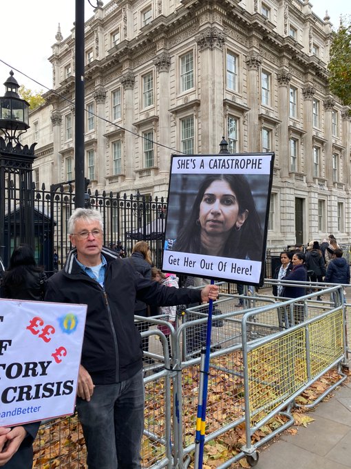 Protestors outside Downing Street yesterday asking for Home Secretary Suella Braverman to go. 