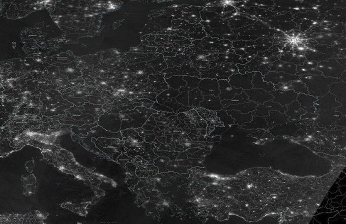 Viewed from space, Ukraine has become a dark patch on the globe at night, satellite images released by NASA showed