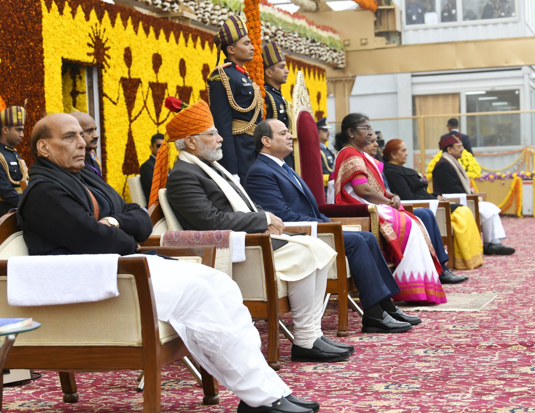 Egyptian counterpart el-Sisi, in a blue suit and matching tie, looked on as he was flanked by Murmu and Prime Minister Narendra Modi