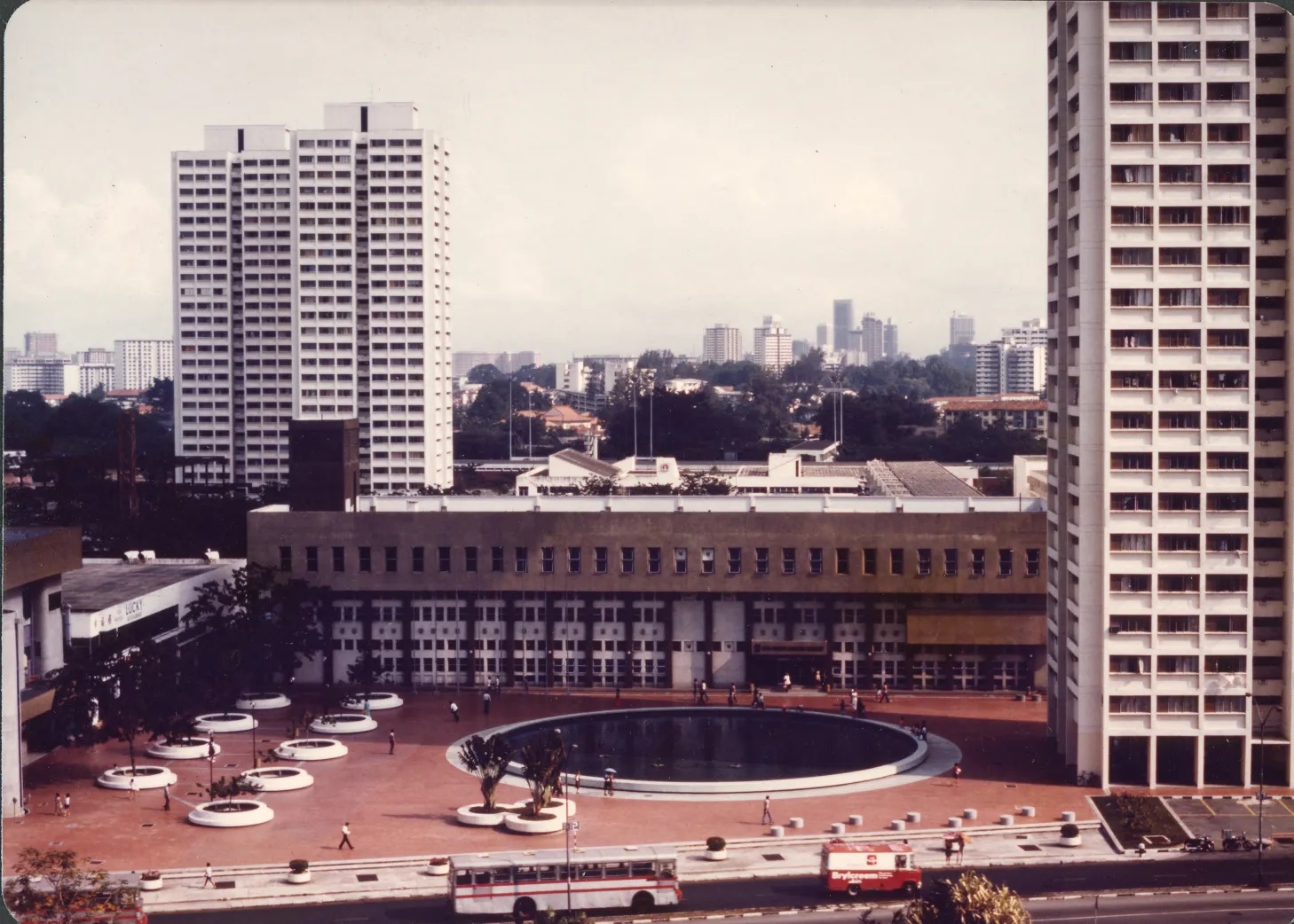 View of the fountain that previously stood in front of Toa Payoh Public Library building (centre) that housed the secretariat for the 1973 SEAP Games, 1970s.