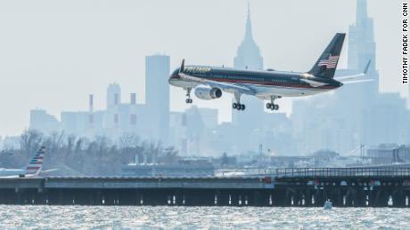 He touched down at LaGuardia Airport after a two-and-a-half-hour flight from Florida on board a private Boeing 757 emblazoned with his name on the fuselage, nicknamed Trump One.