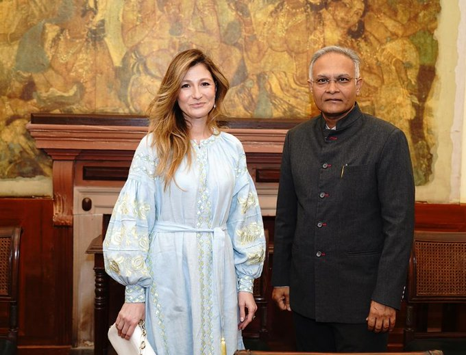 Ukraine's Deputy Foreign Minister Emine Dzhaparova meets Sanjay Verma, Secretary-West at the Ministry of External Affairs in Delhi. Photo courtesy: Twitter/@ANI