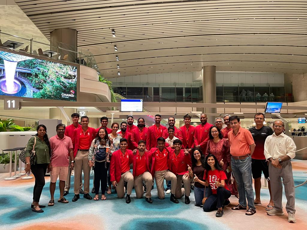 The Singapore cricket team getting a sendoff at Changi Airport before heading to Phnom Penh for SEA Games 2023. Photo courtesy: Vinay Dixit