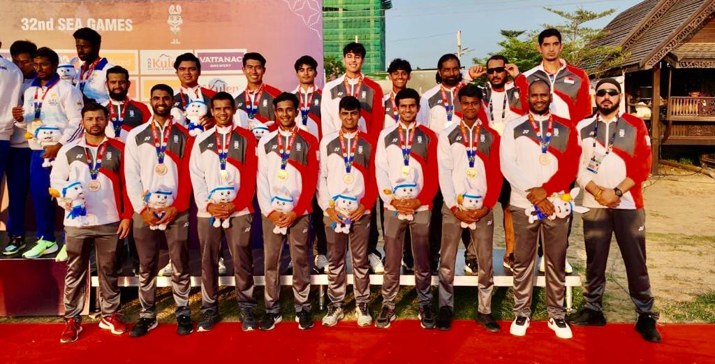 The Singapore cricket team at the medal ceremony in Phnom Penh at the SEA Games 2023. Photo courtesy: Avi Dixit
