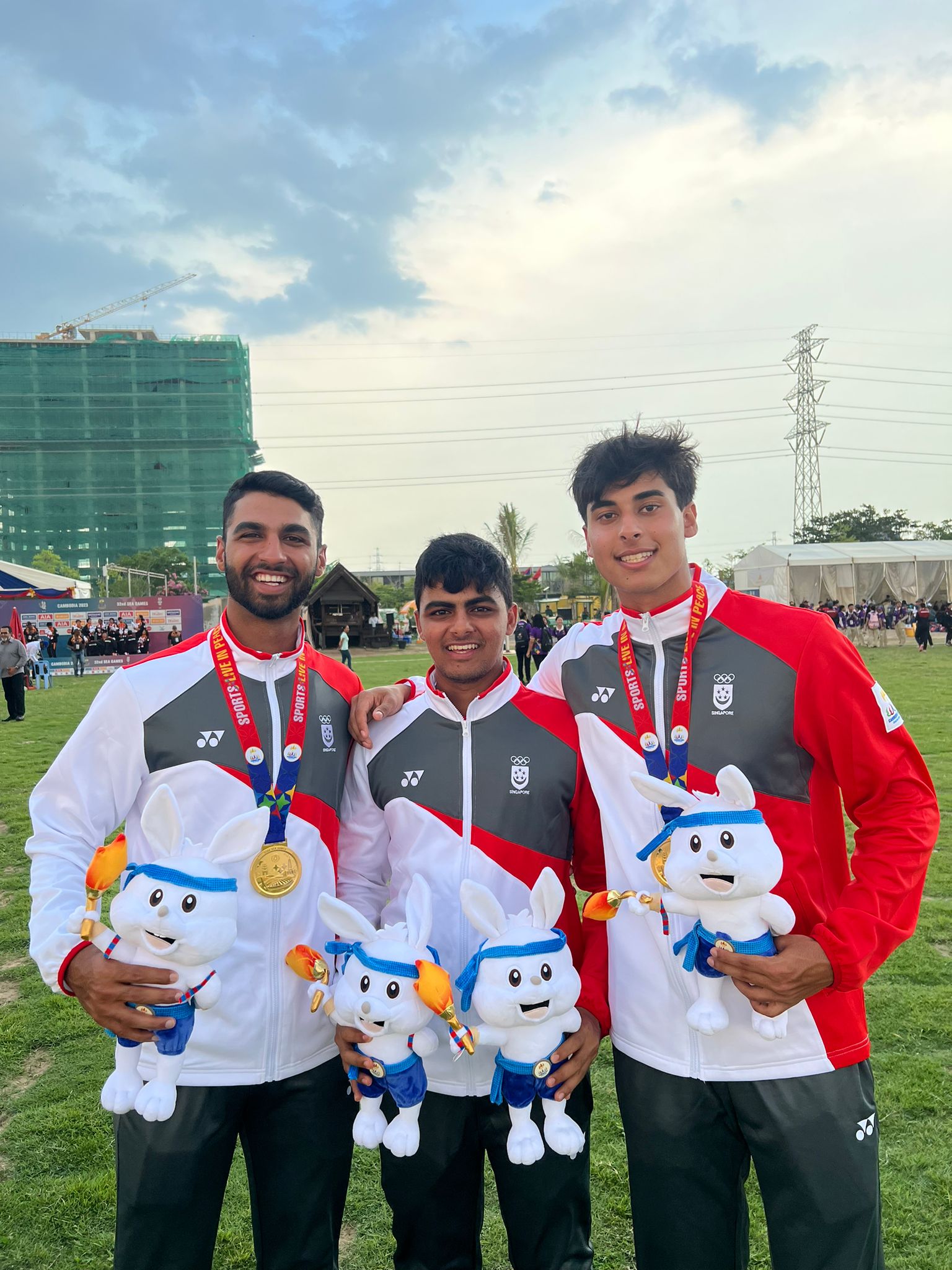 Singapore men's cricket team members (from left) Avi Dixit, Aman Desai and Raoul Sharma with their gold medals from the six-a-side cricket event during the SEA Games 2023. Photo courtesy: Singapore Cricket Association