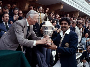 Kapil Dev's image of holding the World Cup trophy at Lord's