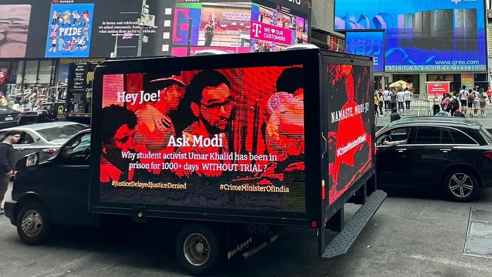 trucks bearing banners and digital posters were seen in the streets of New York urging President Biden to question Prime Minister Modi regarding alleged human rights violations in India.