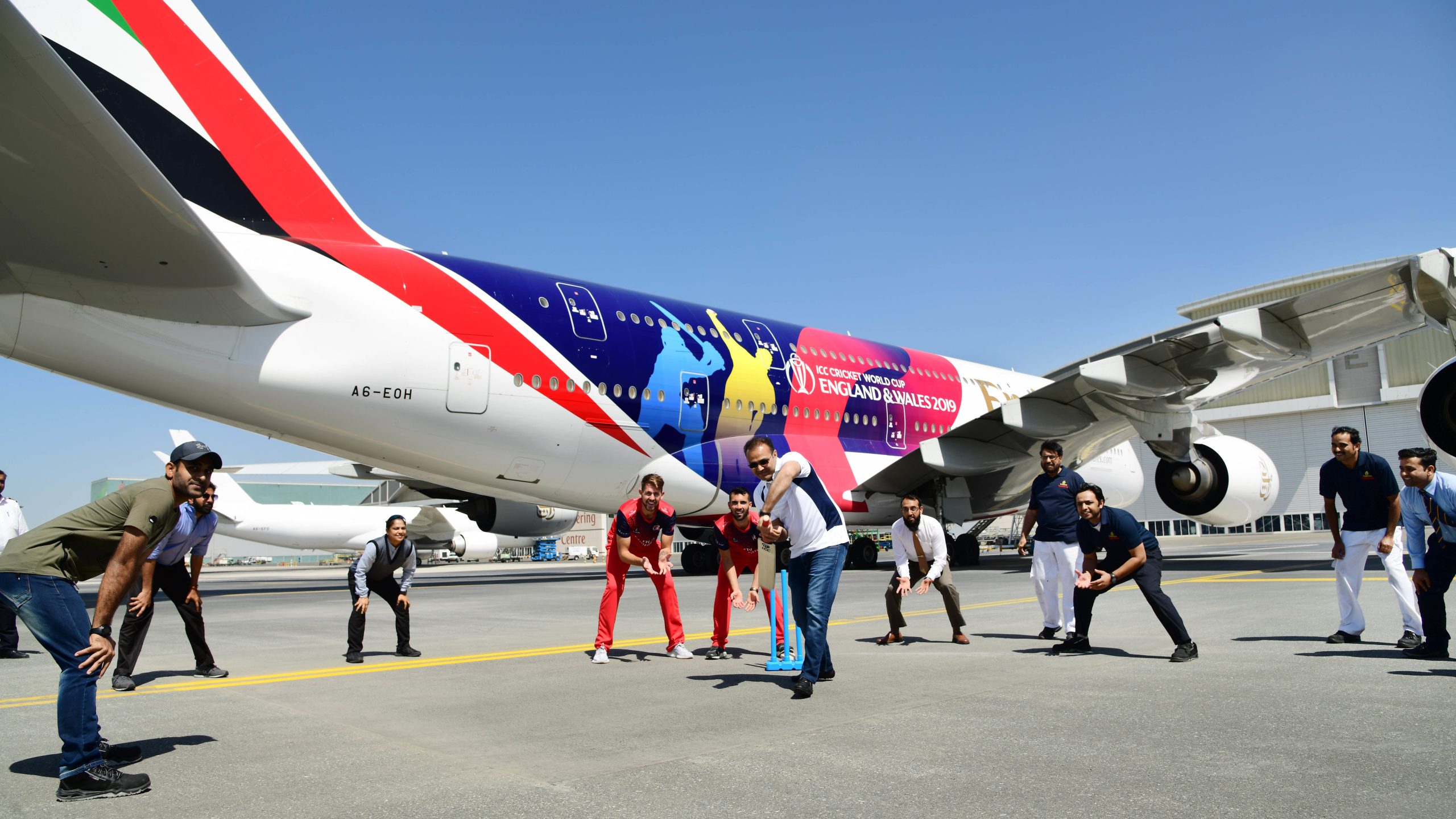 Sehwag plays cricket on Dubai airport tarmac as Emirates reveals ICC Cricket World Cup-themed livery