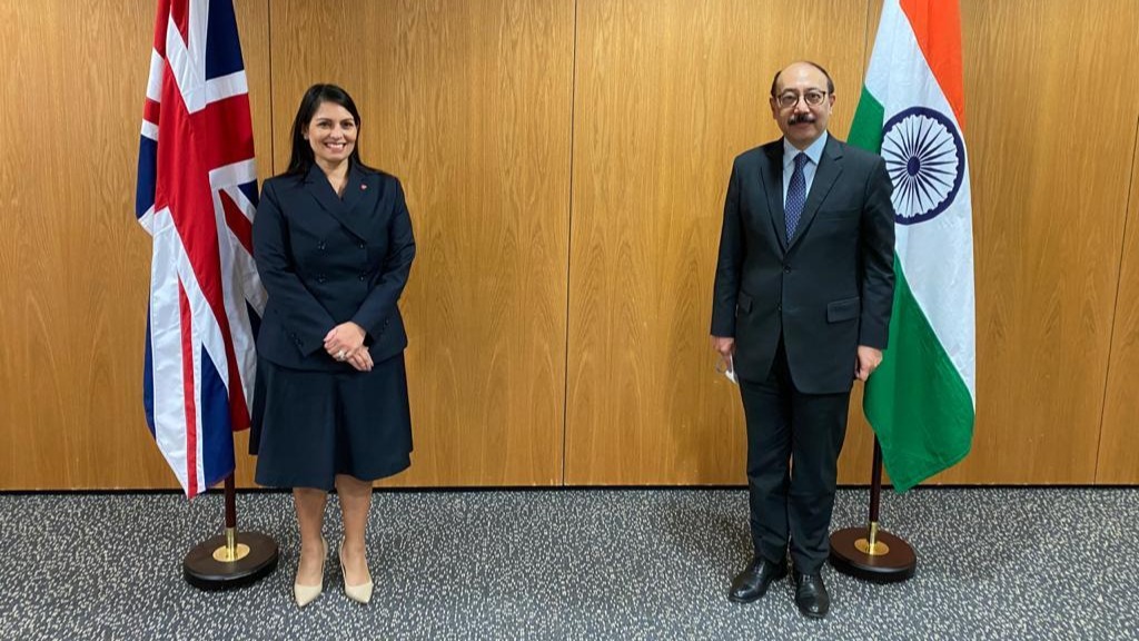 Indian Foreign Secretary Harsh Shringla meets UK Home Minister Priti Patel during flying visit