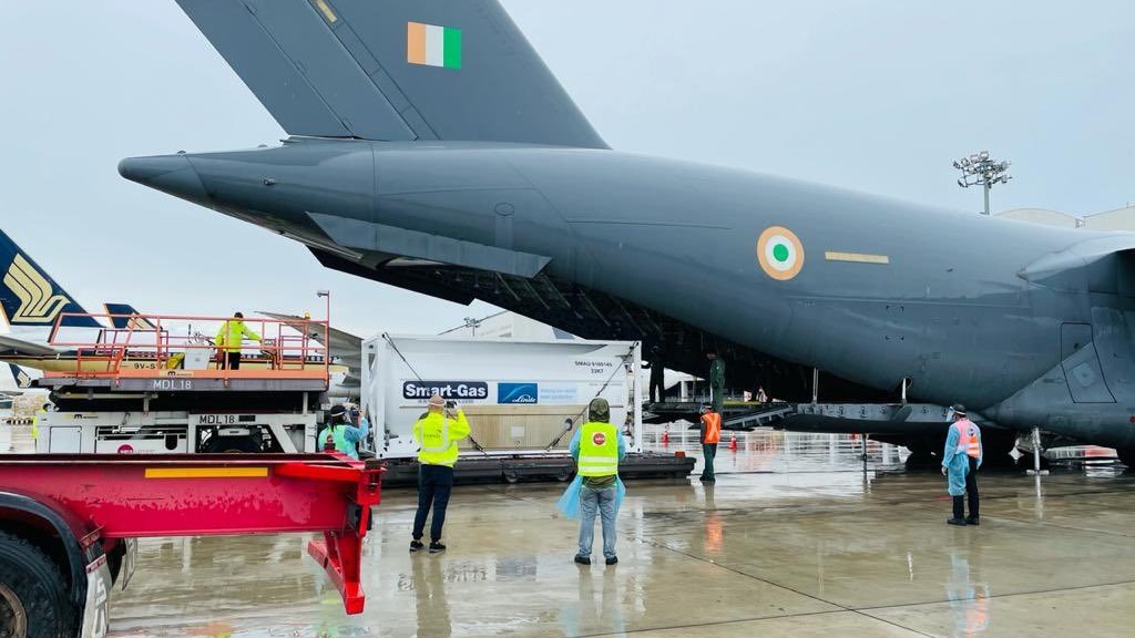 IAF airlifts nine oxygen containers from Singapore, Dubai to West Bengal as part of COVID relief efforts