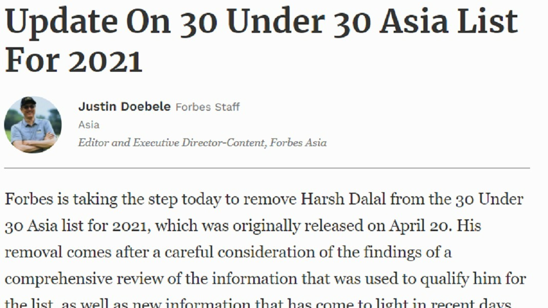 Forbes removes Singapore-based tech CEO Harsh Dalal from its 30 Under 30 Asia List for 2021