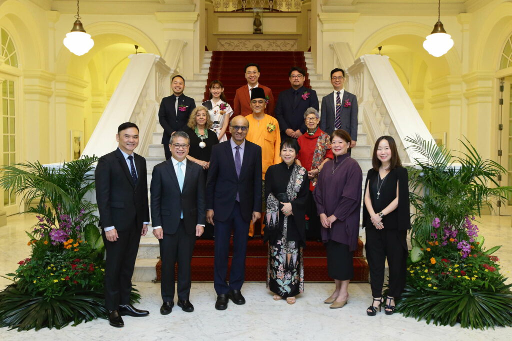 2023 Cultural Medallion and Young Artist Award recipients with Singapore President Tharman Shanmugaratnam and National Arts Council officials.