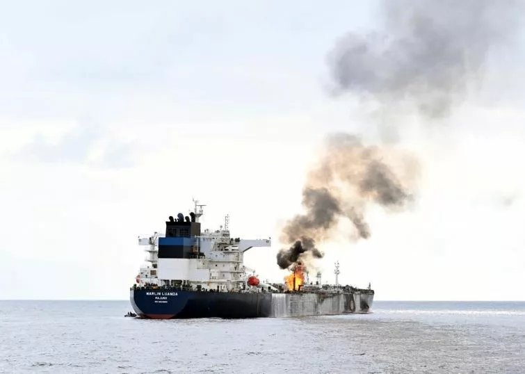 Merchant vessel caught fire after it was struck by a missile in the Gulf of Aden.