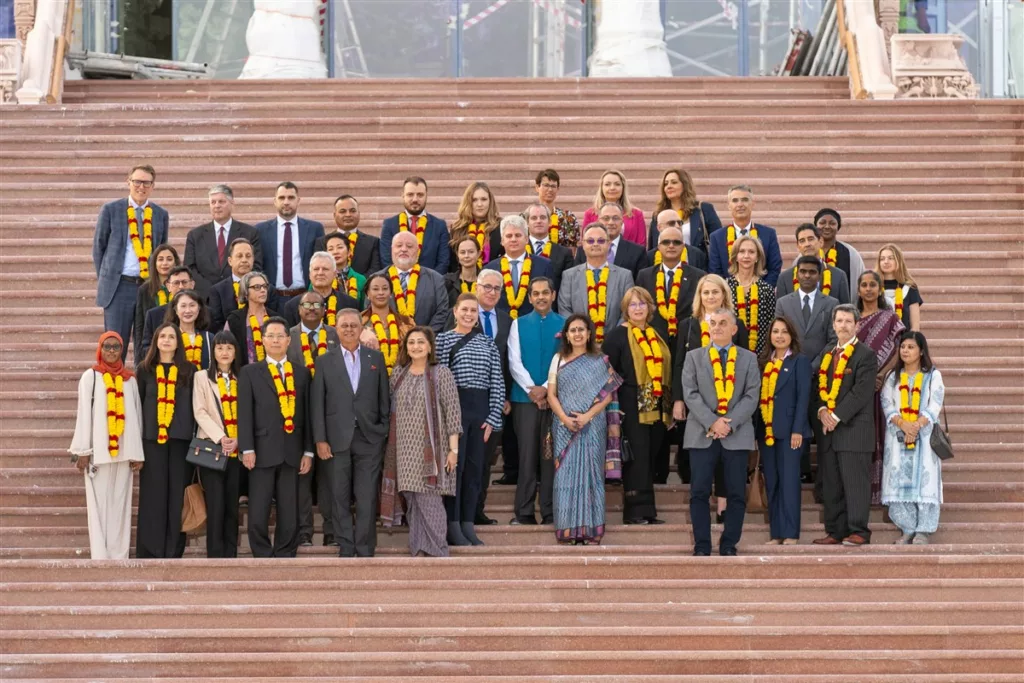Ambassadors and diplomats from 42 nations at BAPS Hindu Mandir Abu Dhabi on January 29, 2024, for a preview of the temple. Photo courtesy: X/@BAPS