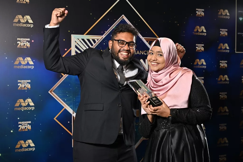 Shireen Halimah (right) and Darshan took home the “Best Editing (All Genres)” award. Photo courtesy: Mediacorp.