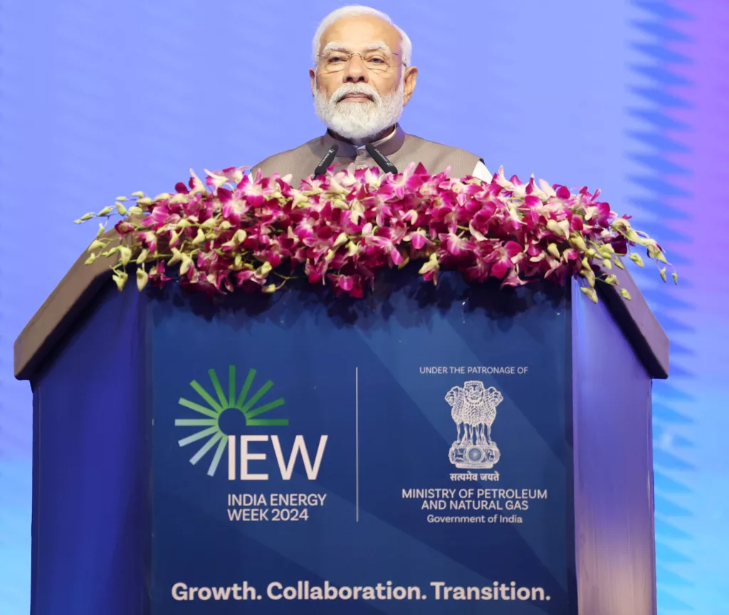PM Narendra Modi addressing at the inauguration of India Energy Week in Goa. Photo credit: PIB