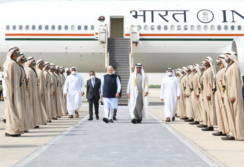 Indian Prime Minister Narendra Modi received by UAE President Sheikh Mohamed bin Zayed Al Nahyan in Abu Dhabi in June 2022. Photo courtesy: X/@narendramodi