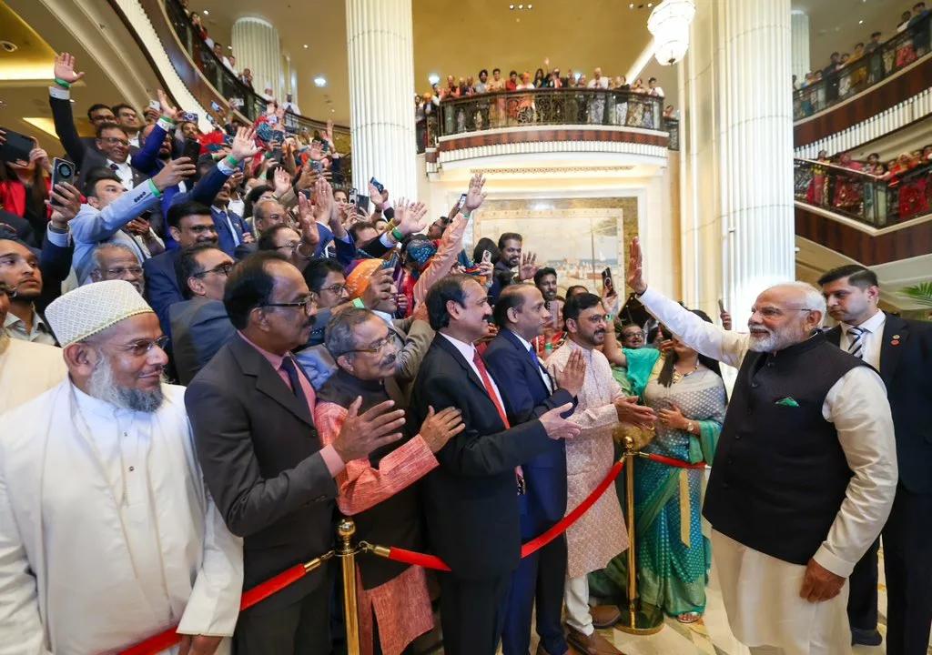 Indians greet Modi at St Regis hotel in Abu Dhabi