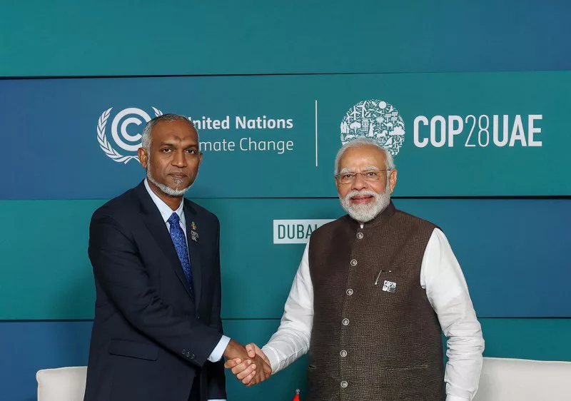 A file picture of Indian PM Narendra Modi meeting Maldives President Mohamed Muizzu.