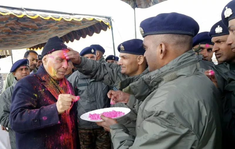 Indian Defence Minister Rajnath Singh celebrates Holi with soldiers in Leh