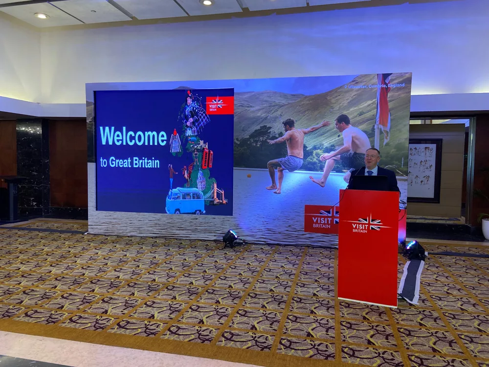 British Deputy High Commissioner to Kolkata Andrew Fleming addressing GREAT Tourism Roadshow in the city. 