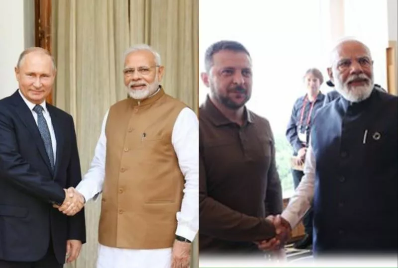Indian PM Narendra Modi (2nd from left) with Russian President Vladimir Putin (first from left) and Ukraine's President Volodymyr Zelenskyy (2nd from right). Photo courtesy: PIB